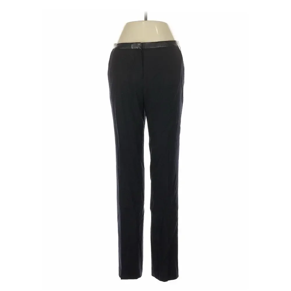 Tory Burch Black Wool Blend Straight Leg Dress Pants Leather Trim Size 2
